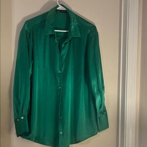 Zara Emerald Satin Button-Down Blouse
